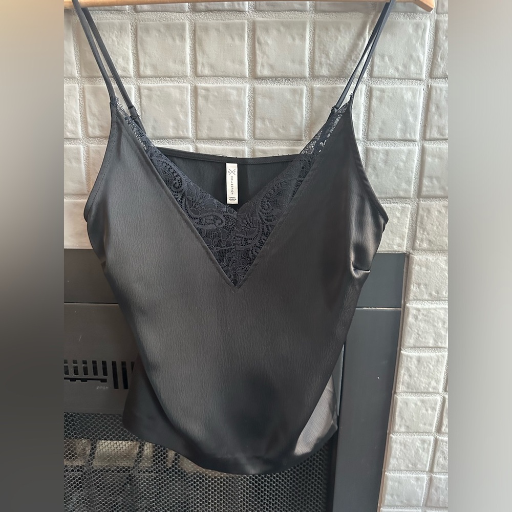 Timeless silky black tank with lace neck